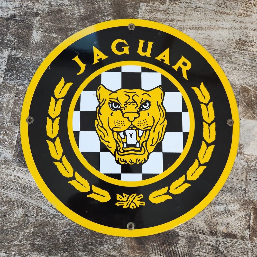 Vintage Jaguar Porcelain Enamel Sign Auto Logo Gas Oil Garage Man Cave Decor
